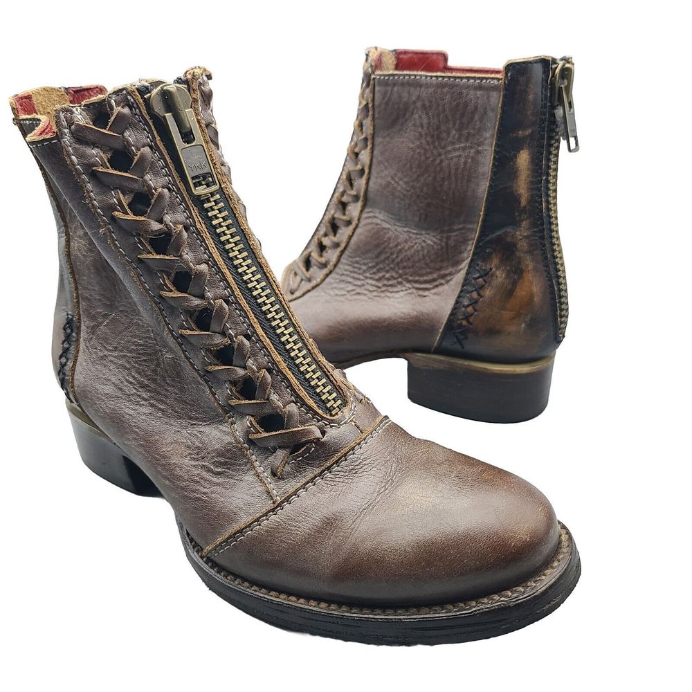 Freebird Women Wales Boots Brown Distressed Leather Double Zip Ankle Size 9